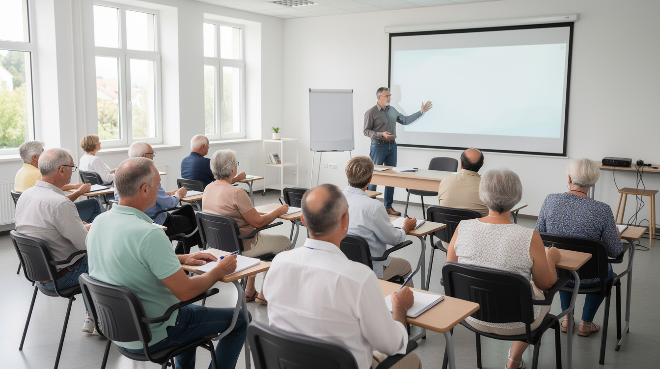 Croatian seniors attending an educational lecture in a bright classroom