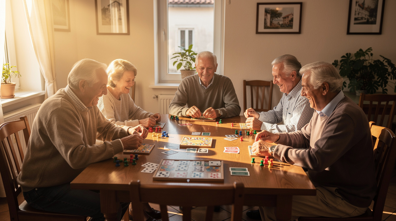 Croatian seniors playing board games together at a club table